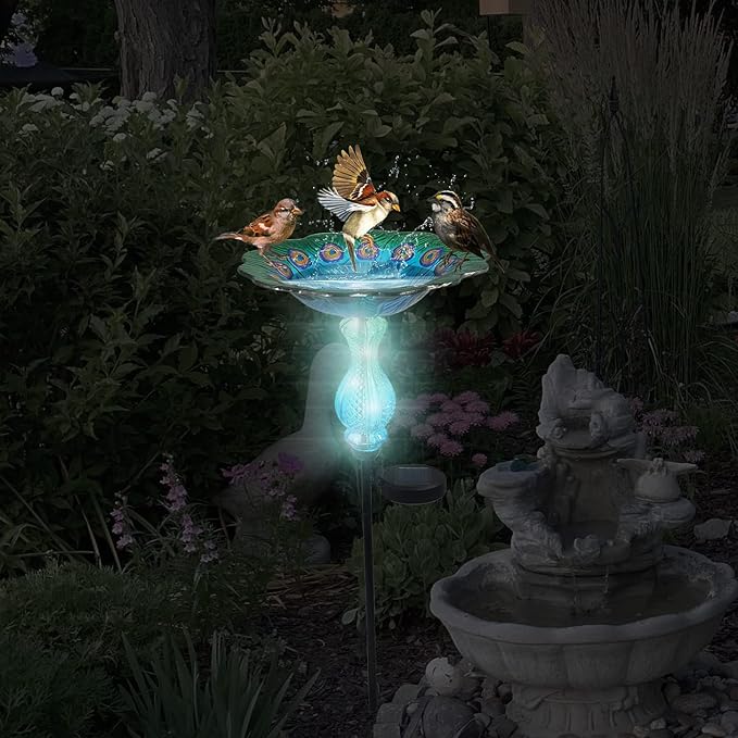 John's Studio Peacock Bird Bath for Outdoor - Glass Bowl Solar Light Cage Outside Dish Bird Feeder with Metal Stake for Garden, Yard and Patio - 32 inches