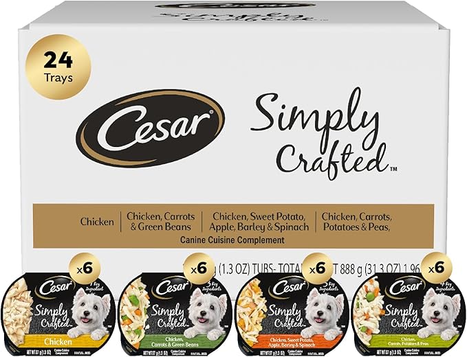 Cesar Simply Crafted Adult Wet Dog Food Meal Topper, Variety Pack, 1.3 oz Tubs (24 Count, Pack of 1)