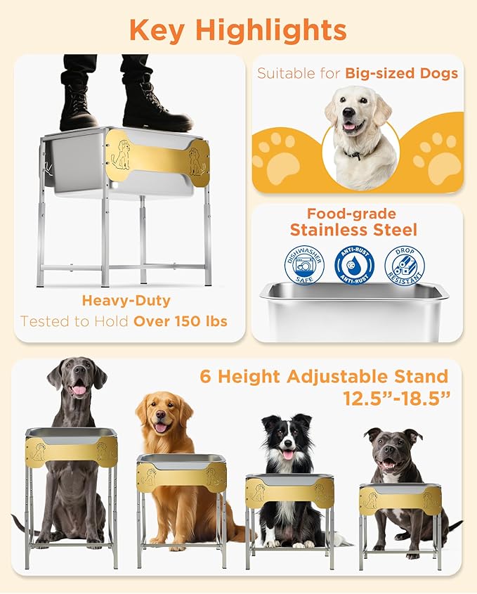 2-Pack Elevated Dog Bowls for Large Breed, 3 Gallon Large Water Bowl and 1.5 Gal Food Bowl Set with 6-Height Adjustable Stand, Raised Dog Feeding Station with Stainless Steel Bowls for Indoor&Outdoor