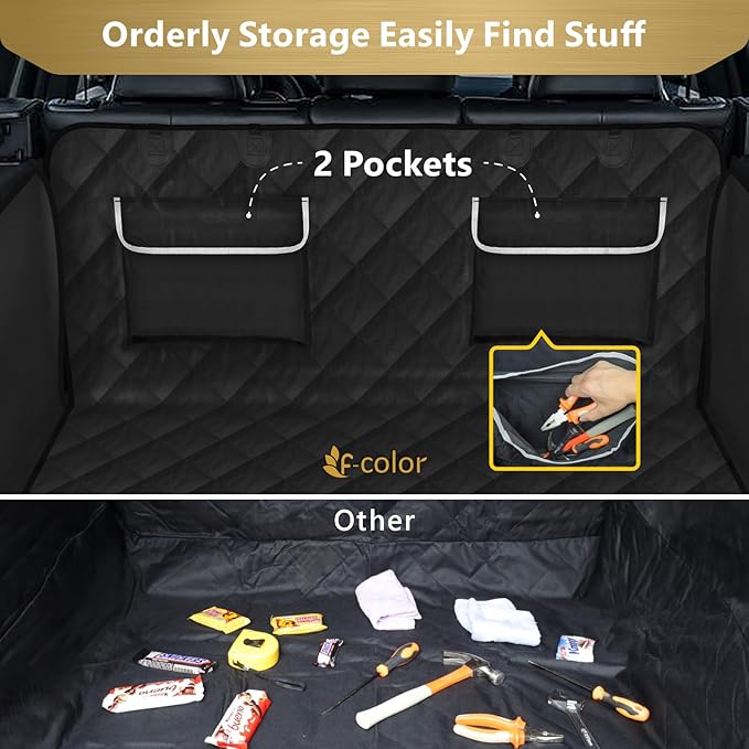 F-color SUV Cargo Liner for Dogs - Waterproof Pet Cargo Liner with Side Flaps, Comfort Dog Cargo Cover with Bumper Flap 2 Pockets, Scrachproof Non-slip Large Size Universal Fit SUVs Sedans Vans, Black