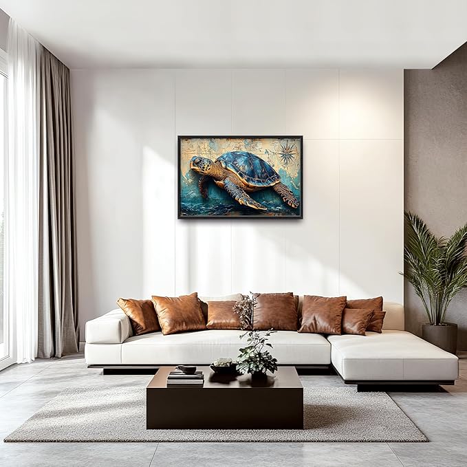 Large Nautical Turtle Wall Art for Living Room, Coastal Ocean Canvas Oversized Wall Decor, Beach Aesthetics Framed Pictures Painting Print Artwork for Bedroom Office 36L" x 24W"