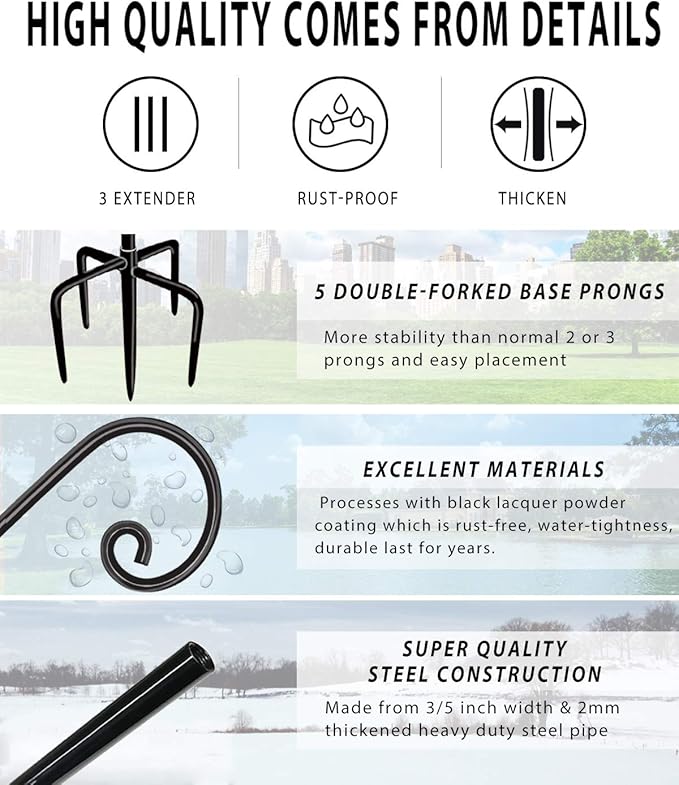 Outdoor Shepherd Hooks 92 inch Tall for Bird Feeder (2 Packs), Adjustable Metal Garden Poles for Hanging Plants Solar Light Lantern, Bright Black