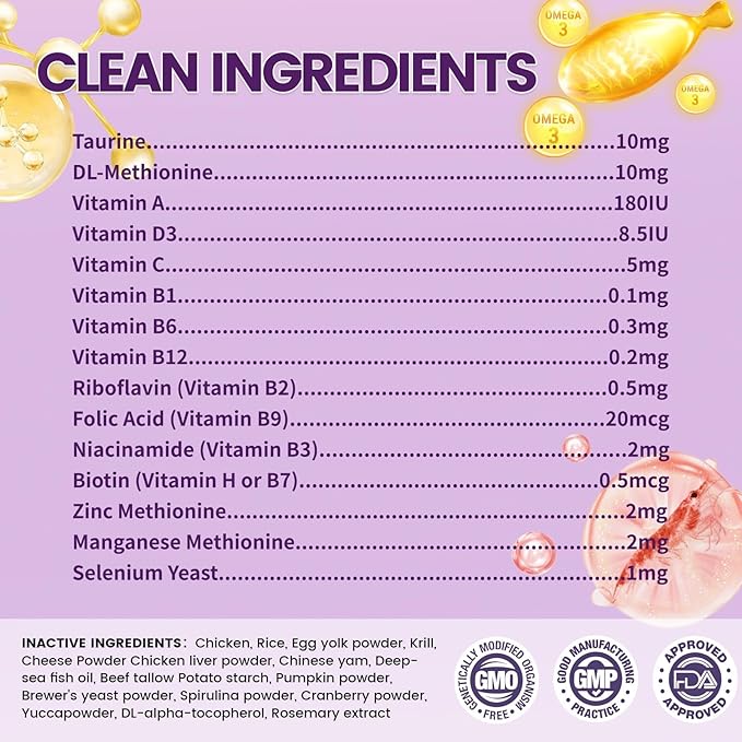 Cat Multivitamin with Fish Oil, 500 Crunchy & Creamy Chews - 10 In 1 Vitamins Supports Energy, Bone, Joint, Skin & Coat Health - with Omega 3s, Taurine, Biotin for Cat All Breeds & Ages - Krill Flavor