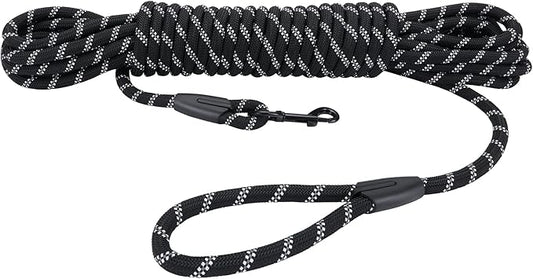 Long Dog Leash for Training 20Ft-Reflective Nylon Rope with Swivel Hook-Recall Agility Lead for Large Small Medium Dogs Outside Walking Hiking-Black Diam 1/2"