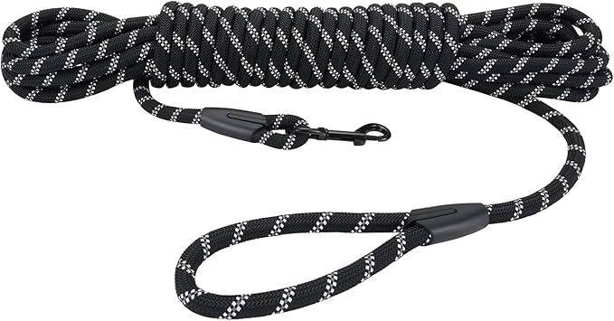 Long Dog Leash for Training 30Ft-Reflective Nylon Rope with Swivel Hook-Recall Agility Lead for Large Small Medium Dogs Outside Walking Hiking-Black Diam 1/2"