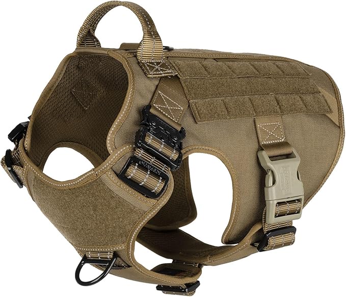 ICEFANG Tactical Dog Harness, Large Size,2X Metal Buckle,Working Dog MOLLE Vest with Handle,No Pulling Front Leash Clip,Hook and Loop Panel (Brown,L (Pack of 1))