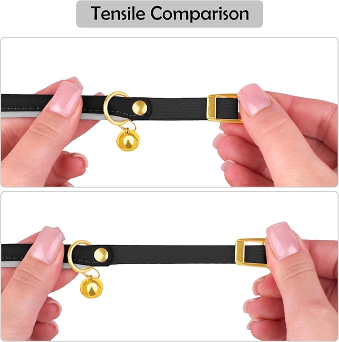 OOPSDOGGY Rolled Leather Cat Collar with Bell - Reflective Kitten Collar with Safety Elastic Strap - Adjustable Small Pet Collars for Boy Girl Cats (Black)