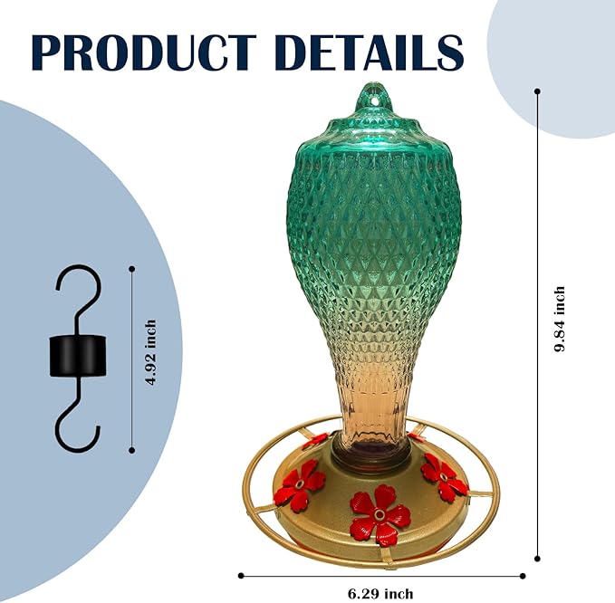 Hummingbird Feeder for Outdoors,17 OZ Glass Humming Bird Feeder for Garden,Backyard Decor,Four Flowers Feeding Ports,Leak Proof,Ant Moat Included,Humming Gifts for Mom/Women