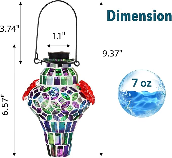 VOREEN Mosaic Glass Hummingbird Feeders for Outdoors Hanging, Hand Blown Hummingbird Feeders, Porch Garden Backyard Decor, Decorative Gift for Mom Wife Friend, 2pcs, Blue and Purple