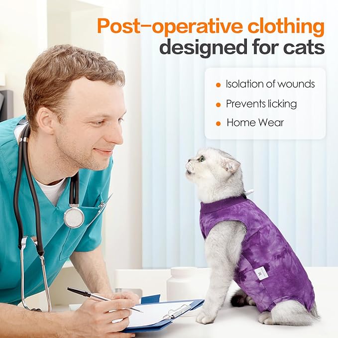 Purrfect Recovery Suit for Cats - Abdominal Wound Protection, Cone Alternative, Purple M