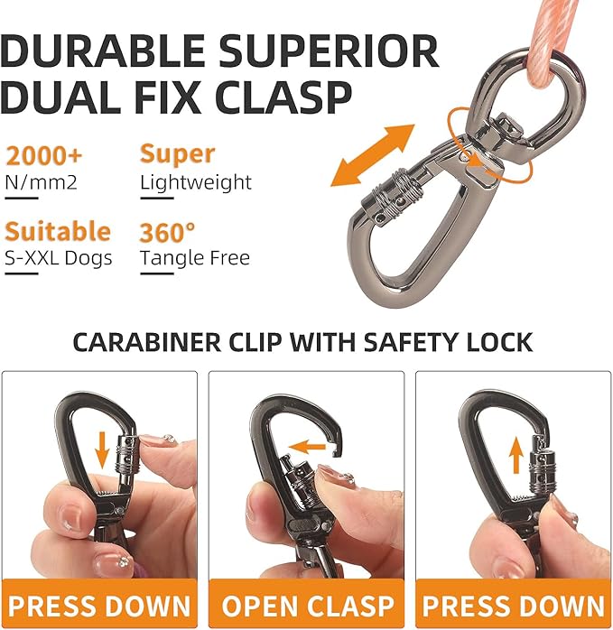 Dog tie Out Cable, 10/20/25/30/50/70/100 feet, Suitable for Dogs up to 350 pounds, Dog Cable with Swivel Buckle, Lightweight, Non-Winding, for Outdoor Camping, Yard Dog Cable (Orange, 20FT)