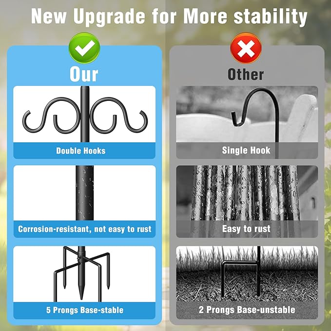 Double Shepherds Hooks for Outdoor, 108 Inch Heavy Duty Bird Feeder Pole with 5 Prongs Base, Adjustable Shepherds Hook for Bird Feeder, Garden, Weddings, Hanging Plant, 1 Pack