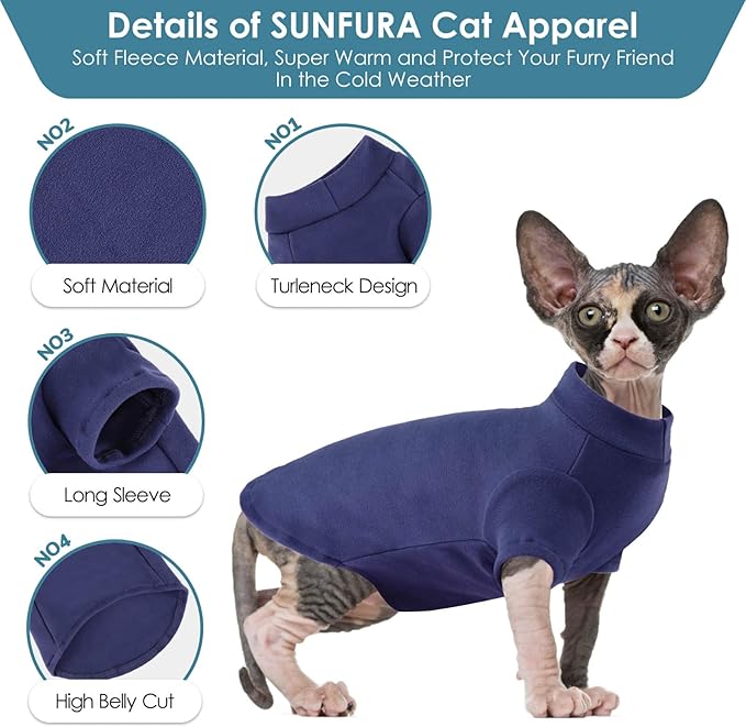 SUNFURA Turtleneck Sweater for Cat, Sphynx Cats Shirt Hairless Cat Sweaters with Sleeves, Warm and Soft Kitten Pullover Fleece Winter Pajamas Jumpsuit for Puppy Cats, Navy M
