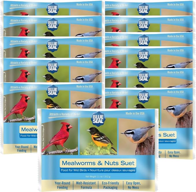 Blue Seal Mealworms & Nuts Suet Cakes for Wild Birds - No Mess Suet Feed, Food for Woodpeckers, Cardinals, Siskins, Sparrows & More - 11oz Suet Feeder, Bird Seed Cakes (Pack of 12)