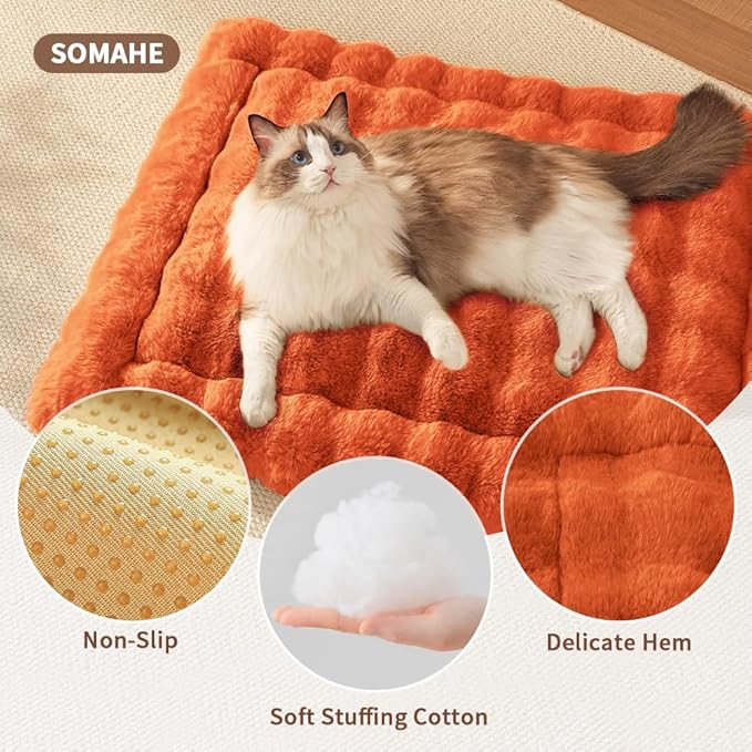 Cat Beds for Indoor Cats Faux Fur Pet Pad Mat Plush Kitten Bed with Non-Slip Bottom for Carriers/Couch Dog & Puppy Friendly 35 x 27 Inch X-Large Orange