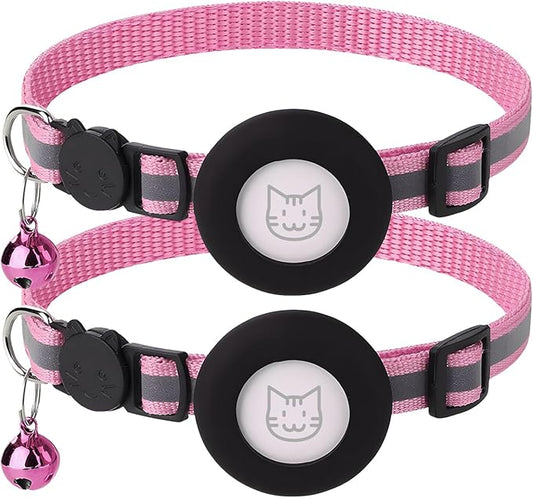 2 Pack Airtag Cat Collar with Bell, Reflective Nylon Kitten Collar with Apple Air Tag Holder and Breakaway Safety Buckle for Puppy Girl Boy Cats, 3/8" in Width and Lightweight, Pink