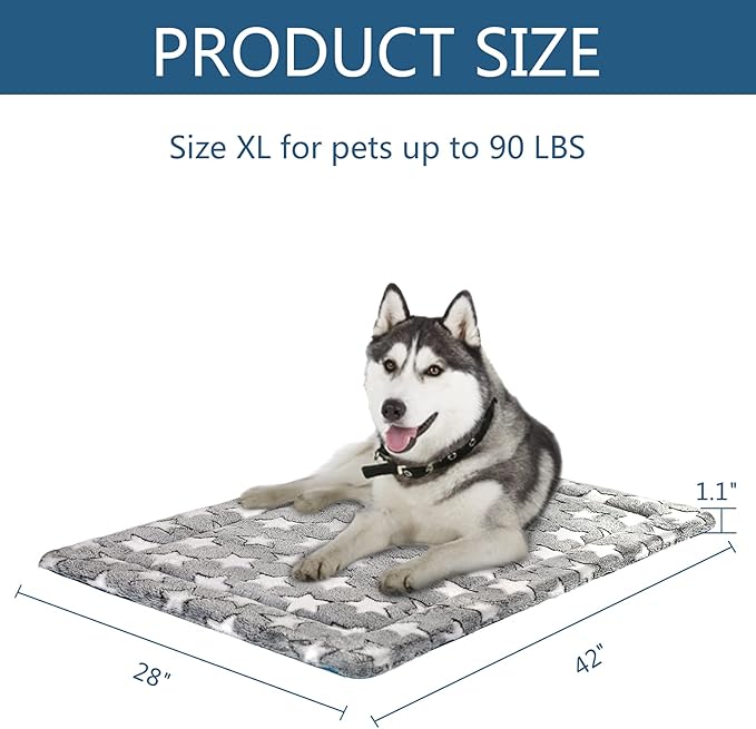 KROSER Fancy Crate Pad Bed Mat Reversible (Cool & Warm), Machine Washable, for Small to XXX-Large Dogs, Grey, Navy, Star Pattern