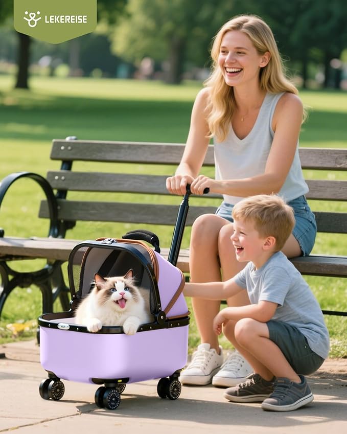 Lekereise Cat Carrier with Wheels (Purple), 180° Wide Open Rolling Cat Carrier for Social Outings, Stylish Design for Coffee Shops/Shopping, Soft-Sided Travel Tote for Cats & Small Dogs
