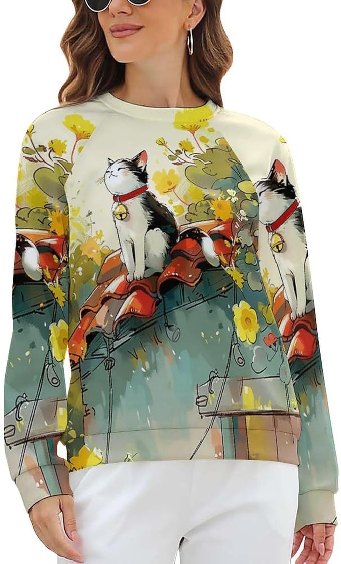 Womens Long Sleeve Tops Y2k Japanese Art Print Sweatshirts Fall Pullover for Women Crewneck Vintage Shirts Boho Tops