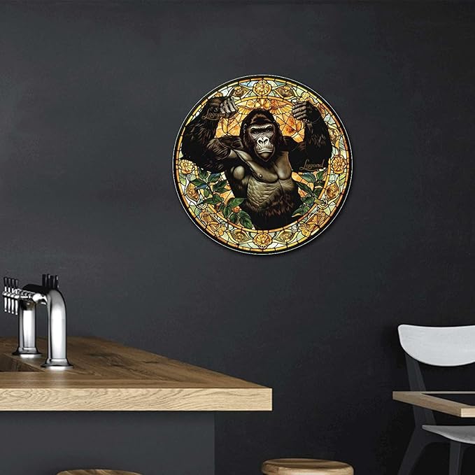 Lygond Metal Sign Tin Sign Circular Stained Glass Gorilla Sign For Garden For Pet 8×8 Inches