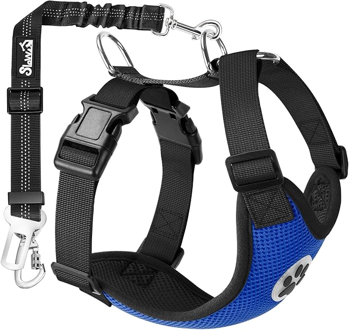 SlowTon Dog Seat Belt Harness for Car, Dog Car Harness Adjustable Mesh Breathable & Dog Seatbelt Safety Tether with Elastic Bungee for Small Medium Large Pets(Blue, Double Clip, XS)