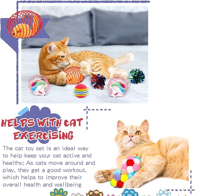 Lenwen 100 Pcs Cat Toys Set Bulk Cat Fur Mice Toys Variety Plastic Ball with Bell Furry Pompom Rattle Mouse Assorted Interactive Catnip Toy Pillow Chew Nice Gift for Indoor Kitten Cats Catch Play