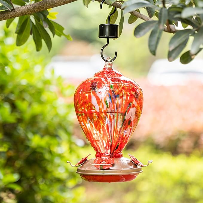 2 Packs Hummingbird Feeder for Outdoors Hanging Ant and Bee Proof, 34OZ Hand Blown Glass Hummingbird Feeders for Outside, Christmas Decoration Gifts for Mom (Blue & Red)