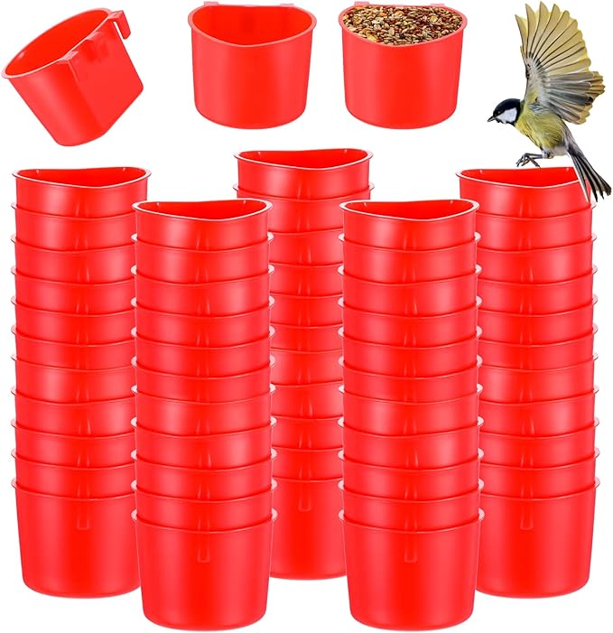 60 Pieces Cage Cups Birds Hanging Feeders Seed Bowl 8 oz Plastic Chicken Feeder Water Bowl Hanging Chicken Waterer Feeding Watering Dish Coop Cups for Gamefowl Parrot Parakeet Poultry(Red)