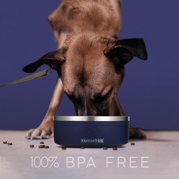 32 Oz Dog Bowl with Slow Feeder Insert Stainless Steel Pet Water Bowl for Medium & Large Breed Non Slip Rubber Base & Plastic Puzzle Feeder - Navy Blue