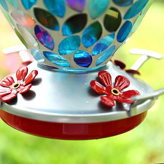 VOREEN Glass Mosaic Hummingbird Feeders, Handmade 34OZ with Ant Moat & 4 Feeding Ports, Glass Outdoor Hanging Bird Feeder, Porch Garden Backyard Decor, Gift for Mom Wife Friend, Blue Leaves Design