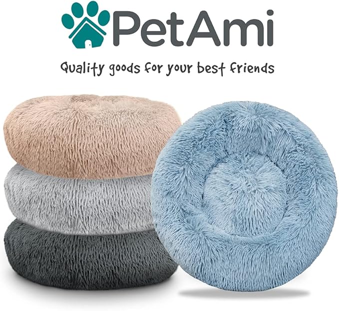 PetAmi Calming Dog Bed for Small Medium Dog Cat, Round Donut Dog Bed Washable, Fluffy Faux Fur Plush Cuddler Pet Kitten Cushion Bed, Anti-Slip, Fits up to 25 lbs, 23 inch, Taupe