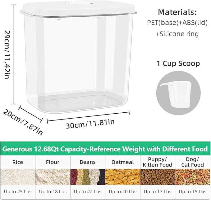 Airtight Rice Container 25 Lbs with Handle and Cup – 12.68Qt Large Flour Sugar Storage Container with Pop Up Seal & Hanging Lid Hooks, Clear Tall Food Storage Bin for Kitchen Pantry Organization