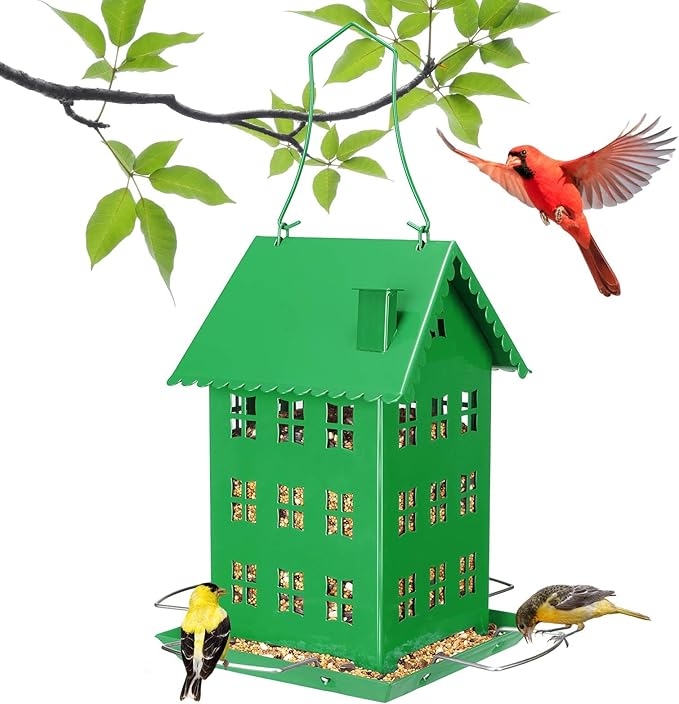 Veehoo Bird House Feeder for Outdoors Hanging, Metal Wild Finch Feeders for Outside, Outdoor Cardinal Birdfeeder Decorative Unique for Mixed Seed, Green