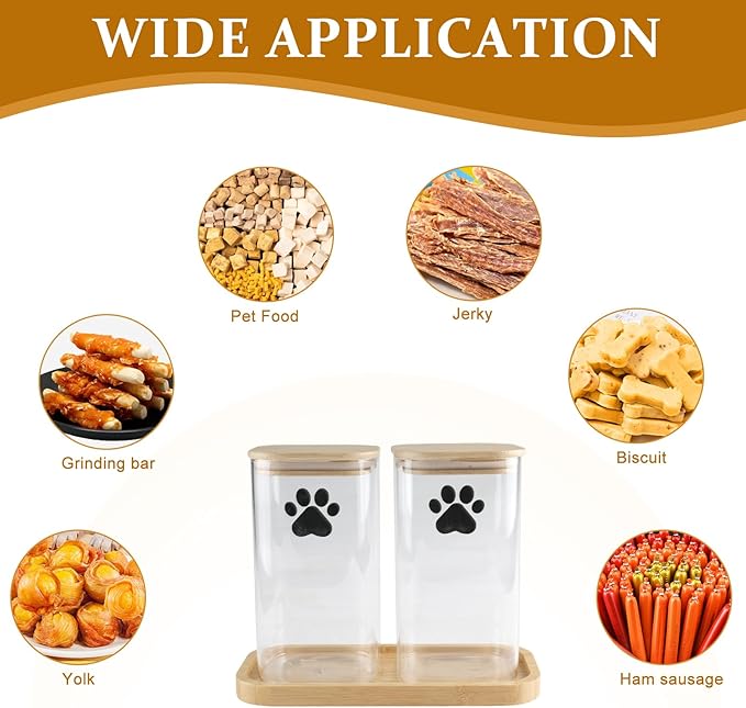 37oz Dog Treat Container Set of 2, Glass Dog Treat Jars for Kitchen Counter with Airtight Bamboo Lids, Small Pet Treat Canister,Puppy Food Bin for Kitchen Counter,Freshness Seal-Clear