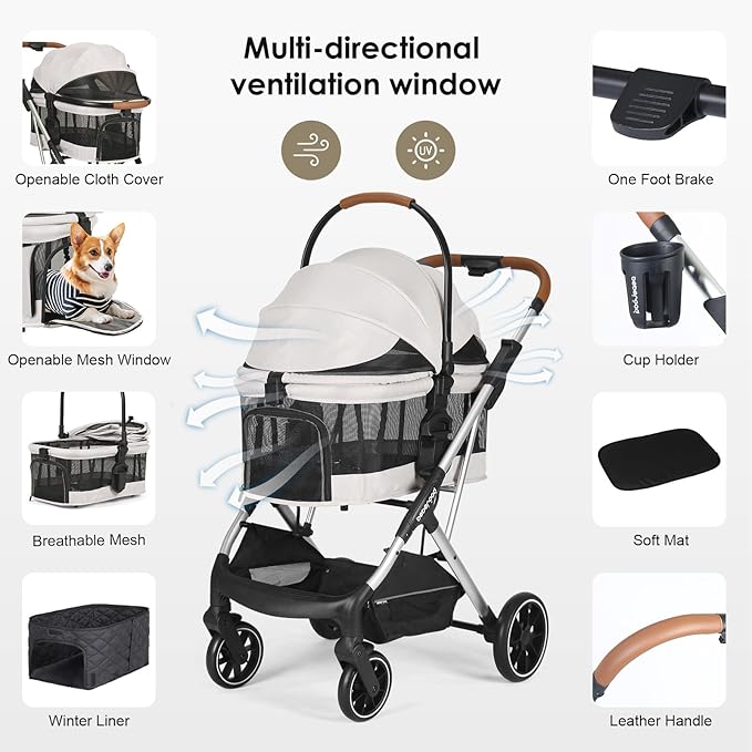 T6 Luxury Pet Stroller for Medium Dogs Up to 66lbs or 2 Small Pets – 3-in-1 Dog & Cat Stroller with Removable Carrier, Foldable & Lightweight (Beige & Net Wall)