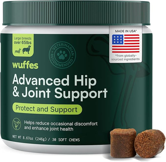 Wuffes Advanced Dog Hip and Joint Supplement with Glucosamine, Chondroitin, Omega 3, MSM, and Green Lipped Mussel, 30 Pork Flavored Chews for Large Dog Breeds