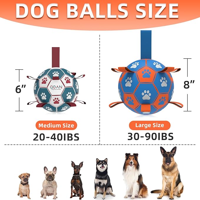 QDAN Dog Ropes Toys Soccer Ball with Straps, Puppy Birthday Gifts, Tug Toy, Durable Dog Balls for Medium & Large Dogs- Blue Orange(8 Inch)