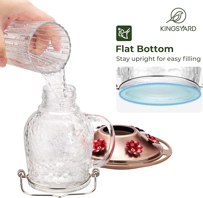 Kingsyard Glass Hummingbird Feeders for Outdoors, 16 Oz Wild Bird Feeder 6 Feeding Ports & Ant Moat Included, Hanging Bird Nectar Feeder for Garden Tree Yard Outside Decoration, Clear