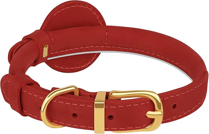 OOPSDOGGY Rolled Leather Dog Collar with Airtag Holder - Reflective Round Airtag Dog Collar - Soft Tracking Pet Collar for Small Dogs Puppy Cats Kitten (Red, L, 14"-18")