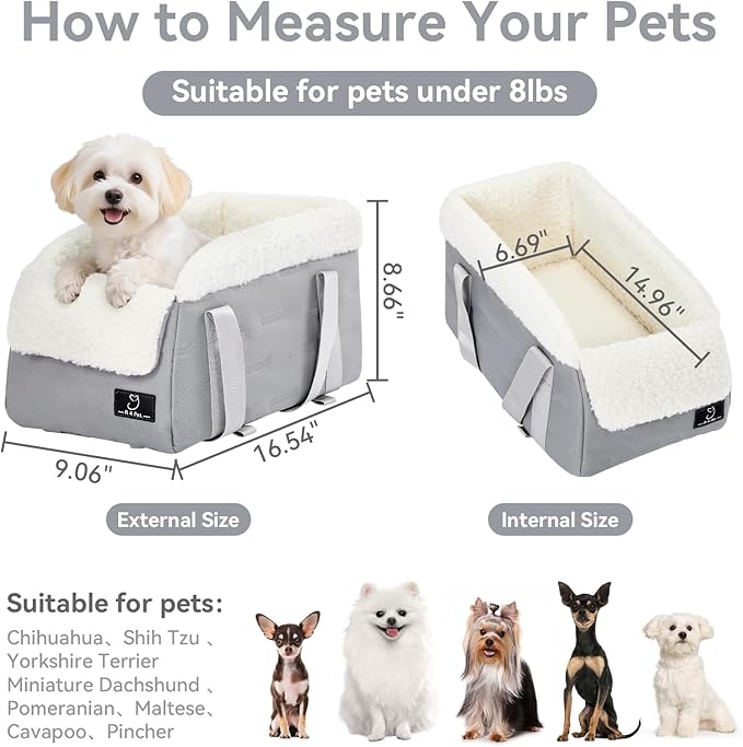 A 4 Pet Center Console Dog Car Seat for Small Dogs Cats, Booster Seat for Puppy with Safety Tethers, Pet Car Seat with Safe Protective Hooks,Washable Cushion - Portable Carrier for Pets Up to 8 Lbs