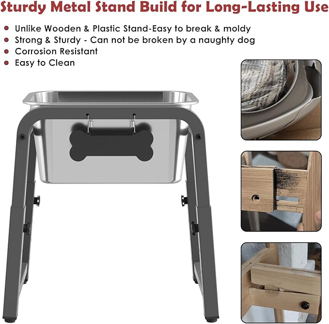 2.8 Gallon Elevated Dog Water Bowl, ADENGL Height Adjustable (10.4–15.2'') Raised Stainless Steel Bowl with Spill-Proof Mat & Sturdy Metal Stand, Tip-Proof, Easy to Clean, Indoor & Outdoor Use