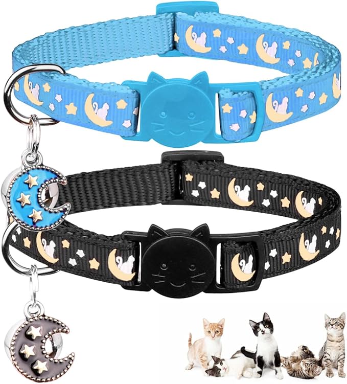 2Pcs Breakaway Cats Collars Cat Collars for Boy Cats Adjustable Kitten Collars with Bell,Black+Light Blue,8"-13.1"