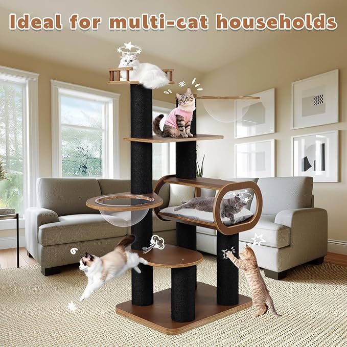 63'' Modern Cat Tree, Black Cat Tower with Scratching Post, Wooden Cat Tree for Indoor Cats Large Adult, Luxury Cat Furniture, Heavy Duty Activity Center with Transparent Bowl and Semi-Closed Condo