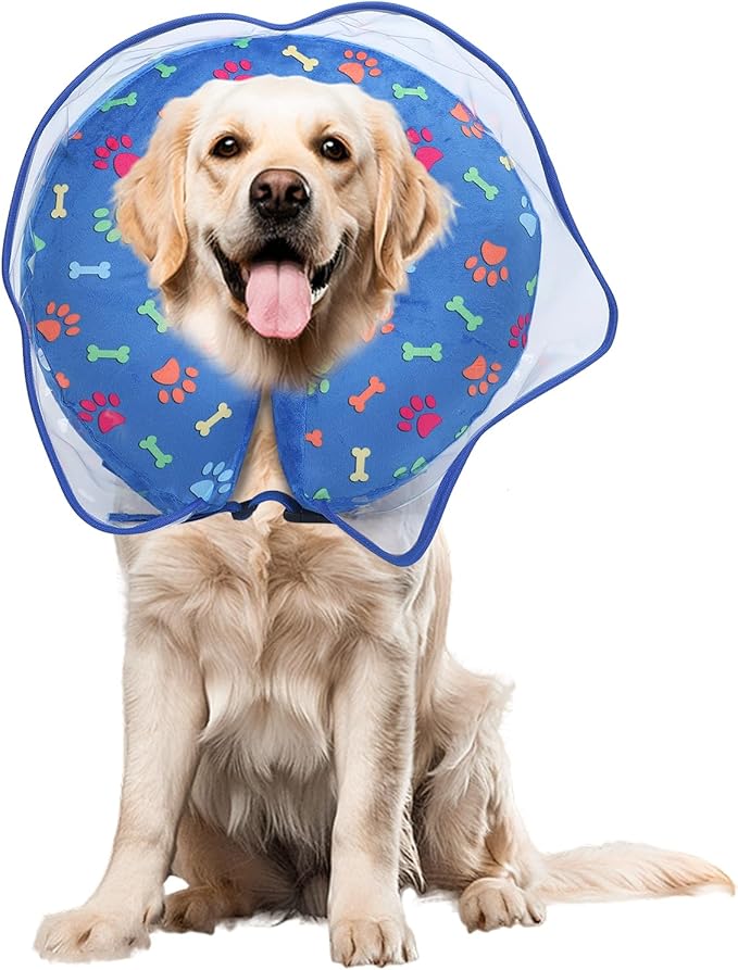 Inflatable Dog Cone Collar, Adjustable Size Soft PVC 2-in-1 Dog Donut Collar After Surgery with Detachable, Inflatable Collar for Small Medium Large Dogs and Cats (Blue, XL)