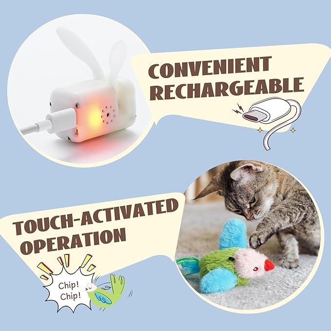 Flapping Bird Cat Toy, Interactive Catnip Kitten Toy with Lifelike Chirping, Rechargeable & Touch Activated for Bored Indoor Adult Cats of All Breeds, Green