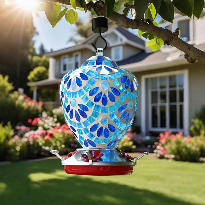 VOREEN Glass Mosaic Hummingbird Feeders, 34OZ with Ant Moat & 4 Feeding Ports, Hand Blown Glass Outdoor Hanging Bird Feeder, Porch Garden Backyard Decor, Gift for Mom Wife Friend, Blue Flowers Design