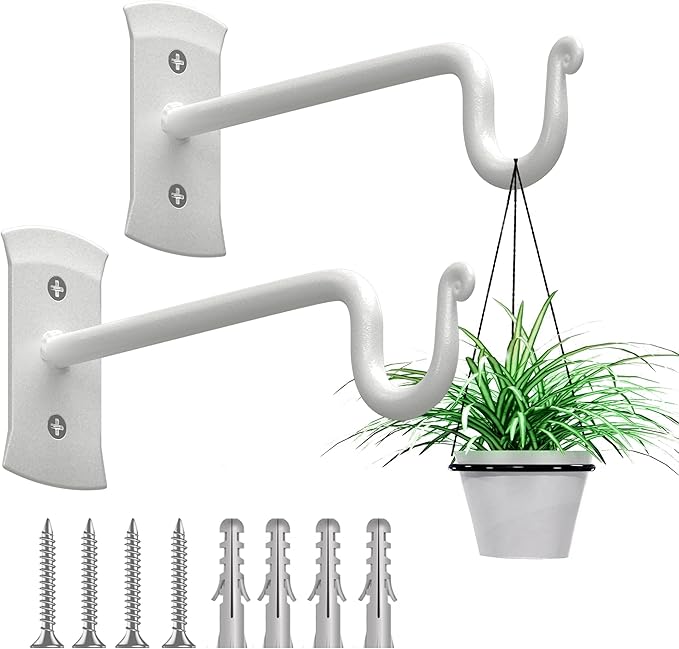 RTZEN Plant Hangers Outdoor or Indoor - Wrought Iron Metal Hanger Indoor Hook - Heavy Duty Wall Bracket Hooks for Hanging Plants Baskets Lanterns Wind Chimes - 2 Pack (White Shepherds Hooks)