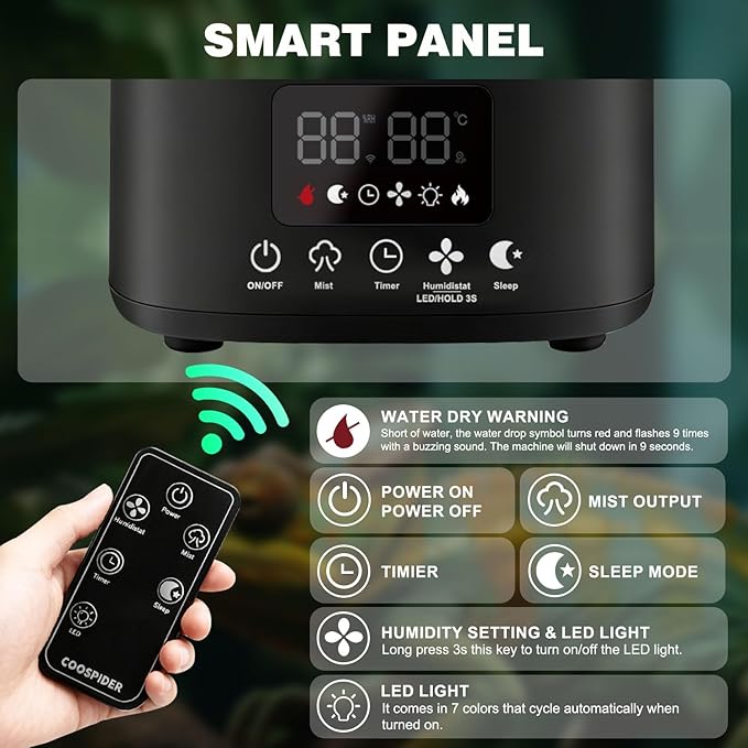 Coospider 5L Reptile Fogger Humidifier, Automatic Humidifiers for Reptiles Tank, Terrarium Humidifiers with Timer and Humidity Control, Reptile Misting System for Reptiles Amphibians Herps Vivarium
