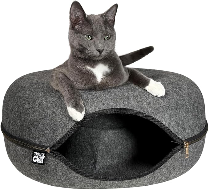 Travel Cat Tunnel Bed Cave - 21 Inch Large Premium Grey Round Donut Cat Cave for Indoor Cats, Kitten - Detachable Cat Hideaway Cat Bed with Tunnel for Playing, Scratching, Sleeping