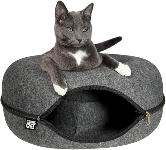 Travel Cat Tunnel Bed Cave - 21 Inch Large Premium Grey Round Donut Cat Cave for Indoor Cats, Kitten - Detachable Cat Hideaway Cat Bed with Tunnel for Playing, Scratching, Sleeping